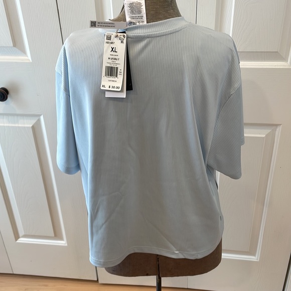 Adidas by Zoe Saldana light blue tint w/ silver logo UFORU athletic crop top - Picture 5 of 8